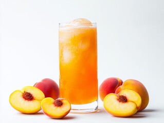 Frosty Peach Drink in Tall Glass with Fresh Fruit Slices