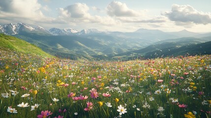 Poster - Vibrant Wildflower Meadow with Mountains in Background