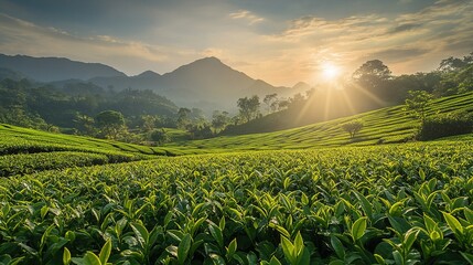 Poster - Sunlight Over Lush Green Tea Plantation Landscape