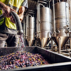 Canvas Print - Winemaking: grape processing. A worker hoses grapes into a vat at a winery, with fermentation tanks in the background.