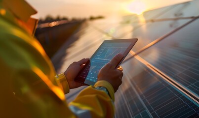 Poster - Engineer Holding Tablet Reflecting Solar Panels at Sunset