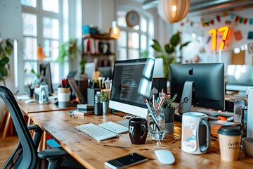 Poster - A cluttered office with a large monitor and a small monitor