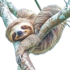 Canvas Print - Sloth lies and rests on a big branch isolated on white background. 