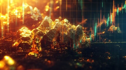 Poster - Gold stock chart displaying growth in the gold mining industry, with vibrant lines and indicators tracking the financial market.