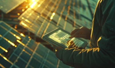 Poster - Engineer Holding Tablet Reflecting Solar Panels at Sunset