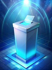 Sticker - Holographic Ballot Box in Futuristic Setting: Close-Up of Glowing Digital Voting System with Blue Light Emitting Against Sleek Background