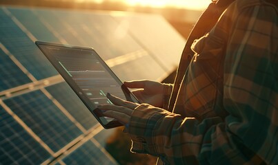 Poster - Engineer Holding Tablet Reflecting Solar Panels at Sunset