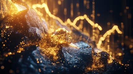 Poster - Gold stock chart rising, symbolizing growth in the gold mining sector, with a graph displayed on a dark background.