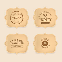 Wall Mural - set of organic and natural banner. organic label wood texture. disposable paper plates on kraft pape