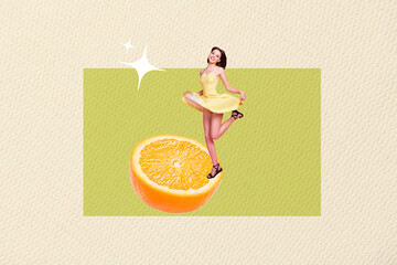 Poster - Creative collage picture young cheerful girl dance ballerina orange juicy fruit exotic citrus tropical meal healthy food calories dieting