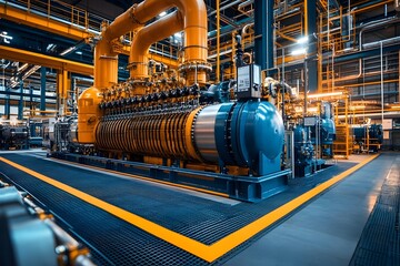 High angle view of power and manufacturing equipment and machinery in the interior of an industrial factory or power plant  Includes turbines generators pipelines control panels