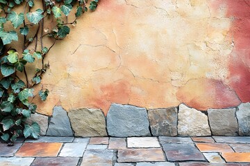 Flatlay top view of a solid color background with a detailed textured stone tile surface  The composition showcases the natural material patterns and geometry of the paving stones in a clean