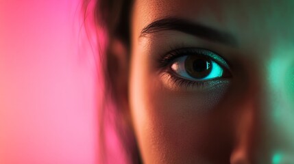 Poster - This striking close-up features a woman's face gently illuminated by shifting hues of green and pink light, with a soft motion blur enhancing the dreamlike quality