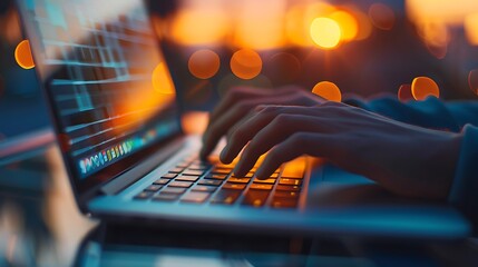Poster - Engineer’s Hands on Laptop Keyboard with Solar Panels Behind