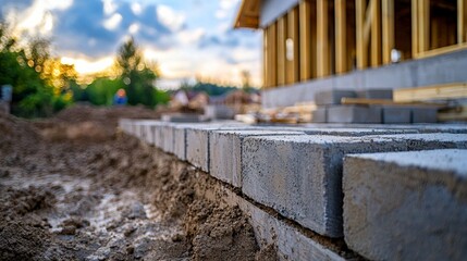 Wall Mural - stack of concrete foundation blocks with price tags attached. partially constructed foundation wall 