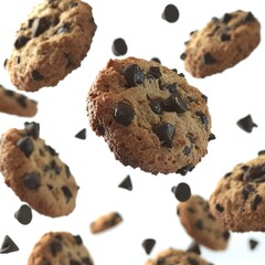 Poster - Chocolate chip cookies flying on a white background 