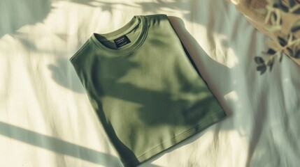 An overhead view of a casual men t-shirt in soft green, neatly arranged on a white surface, emphasizing comfort and style