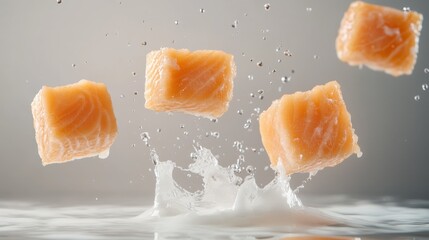 Three boxes of small fish fillets float in the air, surrounded by white milk and light gray background.