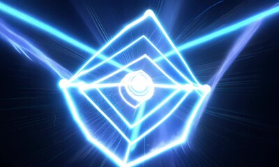 Poster - a hypnotic, futuristic tunnel of blue light pulses and glows with a bright core in the center. a geo