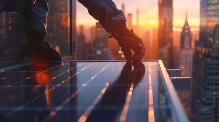 Poster - Engineer Adjusting Solar Panel on Rooftop with Cityscape View