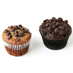 Wall Mural - An irresistible and delicious double chocolate chip muffin cake on left of frame isolated against white background  