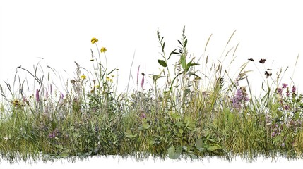 Canvas Print - A grassy meadow with a variety of wildflowers, grasses, and other plants, isolated on white background  