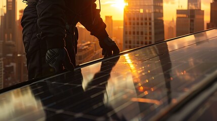 Poster - Engineer Adjusting Solar Panel on Rooftop with Cityscape View