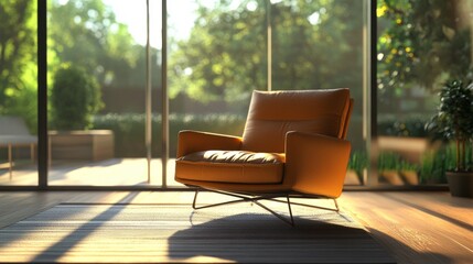 Poster - A modern armchair displayed in a digital living room setting, with large clear windows that enhance the ambiance.