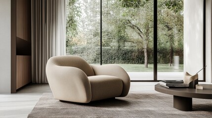 Poster - A modern armchair displayed in a digital living room setting, with large clear windows that enhance the ambiance.