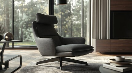Poster - A modern armchair displayed in a digital living room setting, with large clear windows that enhance the ambiance.