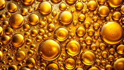 Poster - Golden bubbles float and reflect light in a dynamic arrangement, capturing the essence of fluid movement and texture against a warm background. This striking display showcases color and form