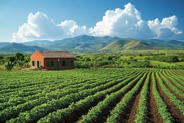 Canvas Print - Rural Landscape with Farmhouse and Mountains