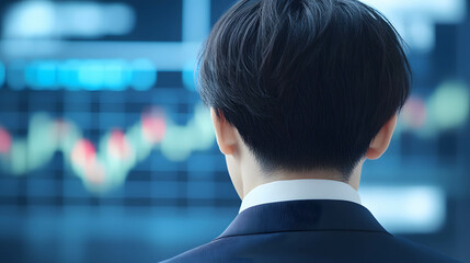 Wall Mural - back view of investor or businessman with stock market background.