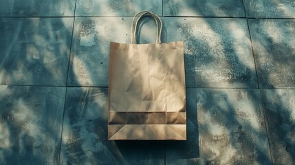 Wall Mural - Brown paper bag mockup with handles flat lay on weathered tiled floor. Soft shadows and natural light paperbag template advertising image. Minimalist mock up product photorealistic