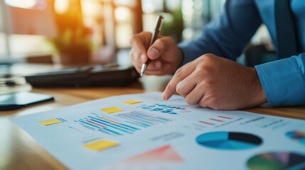 Aufkleber - Analyzing data and writing key points on sticky note, this image captures focused moment in professional setting. individual is engaged in reviewing charts and graphs, showcasing productivity and