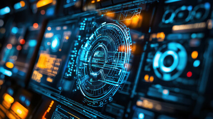 Poster - Futuristic graphical user interface with intricate designs and glowing elements, showcasing advanced technology and digital interaction. vibrant colors and detailed patterns evoke sense of innovation