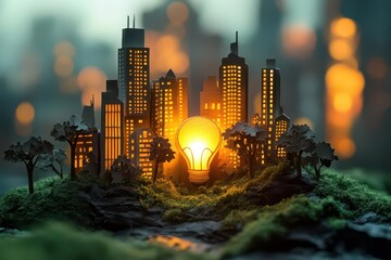 paper cut light bulb illuminating a green eco city symbolizing renewable energy and sustainability efforts aimed at achieving carbon neutrality by 2050