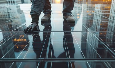 Poster - Engineer Inspecting Rooftop Solar Panels Overlooking City