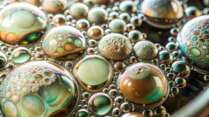 Poster - A mesmerizing display of colorful bubbles floating and merging on a liquid surface creates an artistic composition, showcasing vibrant patterns and reflections under natural light