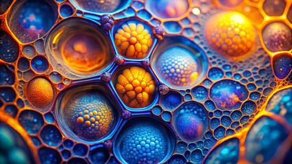 Poster - This macro view showcases an array of colorful bubbles interconnected in a vibrant display. The intricate patterns reveal shades of orange, blue, and purple, creating a mesmerizing visual effect