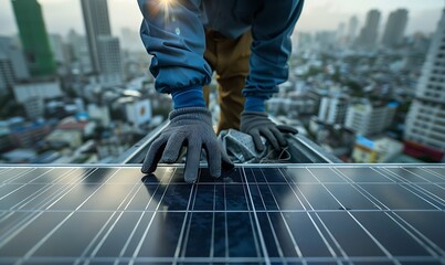 Poster - Engineer Inspecting Rooftop Solar Panels Overlooking City