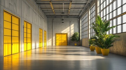 Spacious industrial interior with bright corridor, yellow garage doors, and greenery from potted plants, all illuminated by natural light from clear windows.