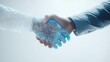 © IQ-Photography - Business people, Technology and shaking hands in studio for integration and partnership deal with hologram, Futuristic clients with handshake in network or digital transformation on white background
