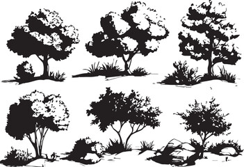  Silhouette tree set. Side view, set of graphic trees elements outline symbol for architecture and landscape design drawing. Hand drawn vector illustration