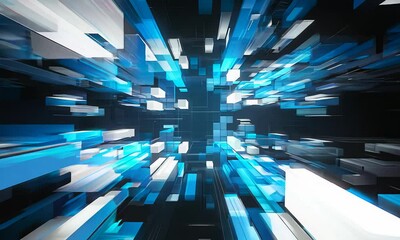 Poster - Abstract 3D background with blue and white geometric shapes, creating a sense of depth and perspective. Ideal for technology or futuristic themes.
