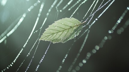 Serene Beauty - Close-up of a Dewy Leaf Entrapped in Spider's Web