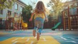 © Johannes - Closeup of chld girl playing jumping hopscotch outdoor Funny activity game for kids on playground outside Summer backyard street sport for children Happy childhood lifestyle Web banner : Generative A