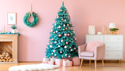 Wall Mural - Stylish apartment with a beautifully decorated Christmas tree, featuring pink walls and modern furniture.