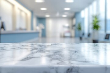 Poster - Marble tabletop set against a fuzzy background of a medical facility or healthcare environment