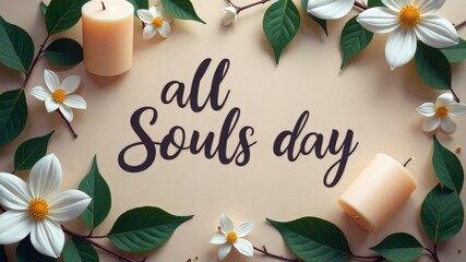 All Souls Day greeting card, Frame in candles and white flowers on pastel beige background. All Saints Day greetings banner, all saints day or Halloween